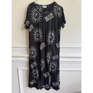 Vintage 90s Cotton Dress Graphic Suns Squiggles Black White Maxi Midi Dress